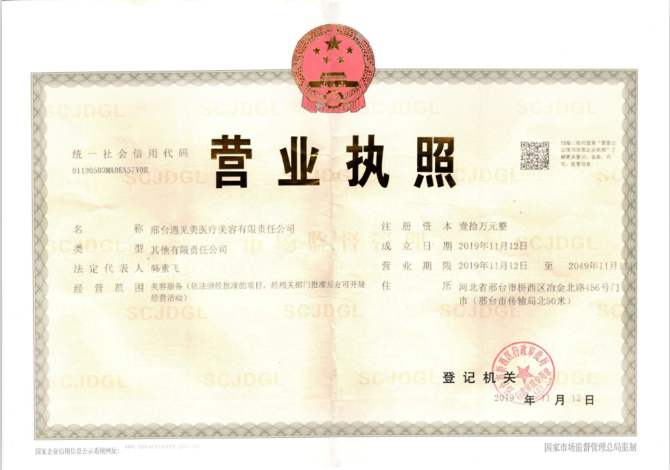 邢臺(tái)遇見(jiàn)美醫(yī)療美容診所證書(shū)