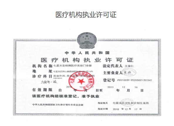 畢節圣柏俐醫療美容門診部證書