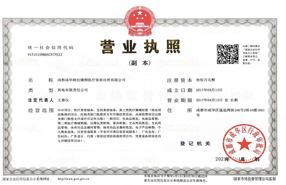 成都赫拉臻顏醫(yī)療美容診所證書
