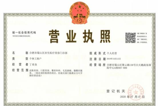 合肥瀾星亦生醫療美容門診部證書
