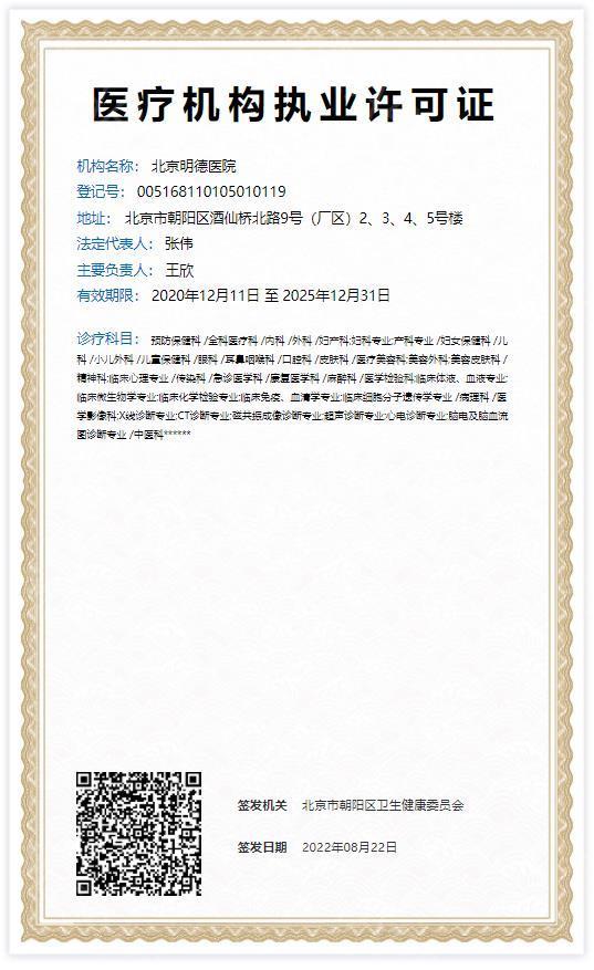 北京明德醫(yī)院整形美容科證書