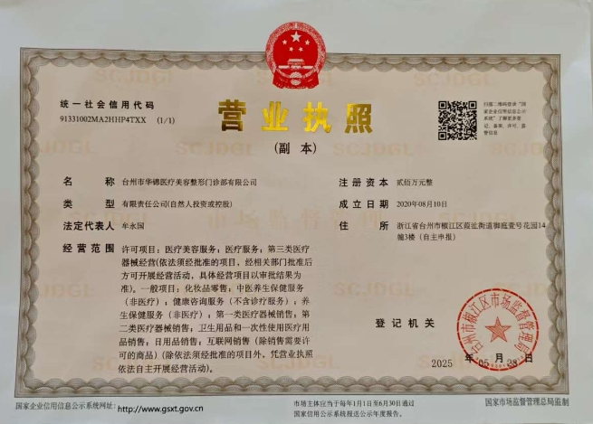 臺(tái)州華錦醫(yī)療美容門診部證書